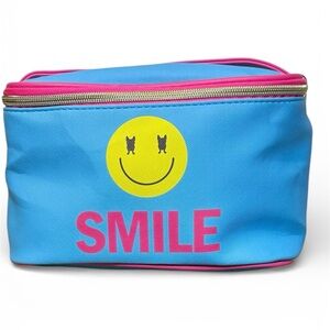 French Bull Blue and Pink Cosmetic Bag with Smiley Face